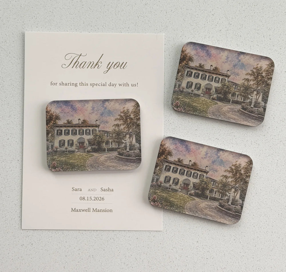 Three rectangular vintage-style venue magnets displayed with a simple white thank-you card.
