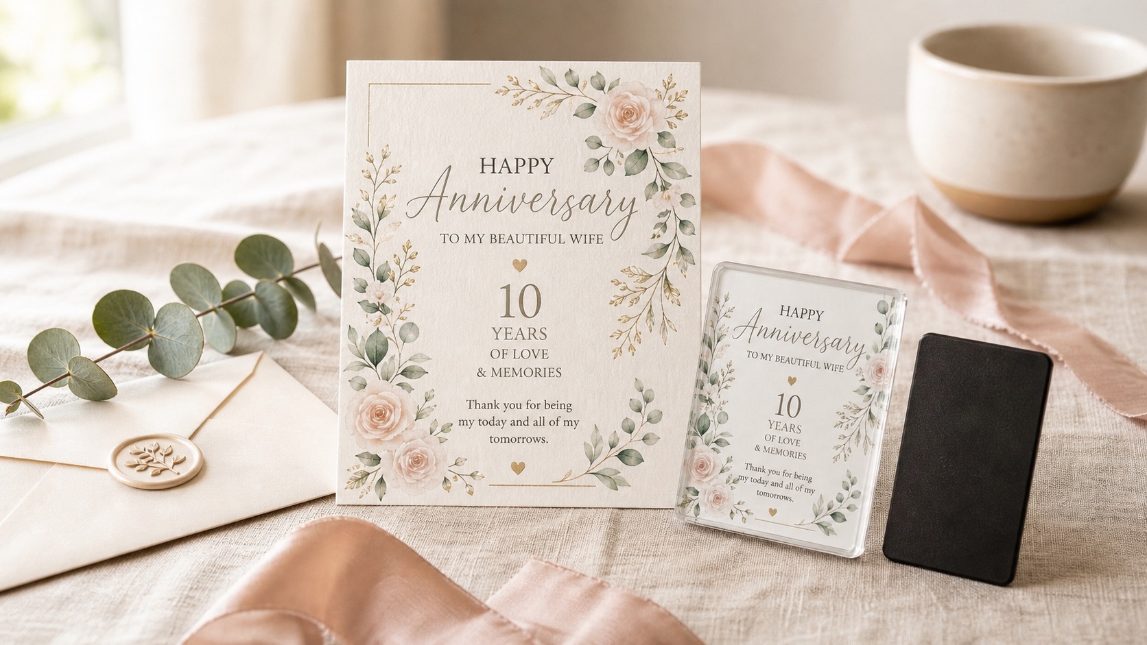 Anniversary acrylic fridge magnet set—floral backing card, acrylic magnet, and black magnetic backing on soft linen