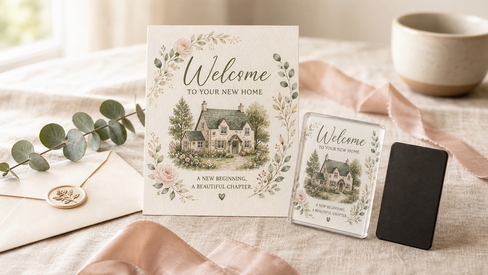 Welcome home acrylic fridge magnet set—cream backing card, acrylic magnet, and black magnetic backing on linen
