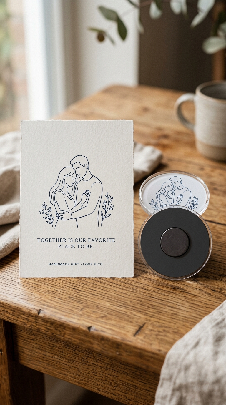 Minimal couple illustration acrylic fridge magnet with cream backing card—modern wedding keepsake