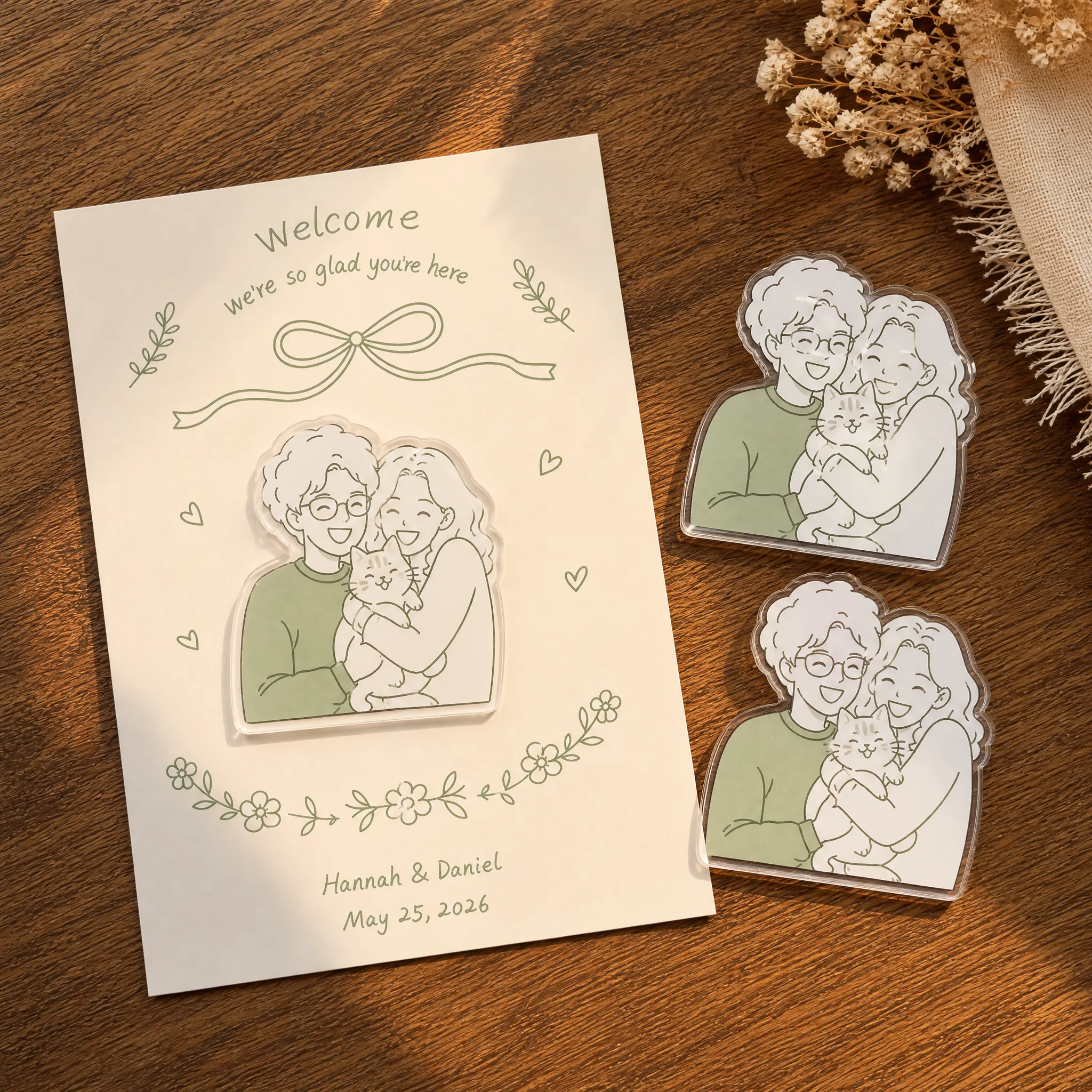 Minimal hand-drawn couple acrylic fridge magnet—modern wedding welcome keepsake