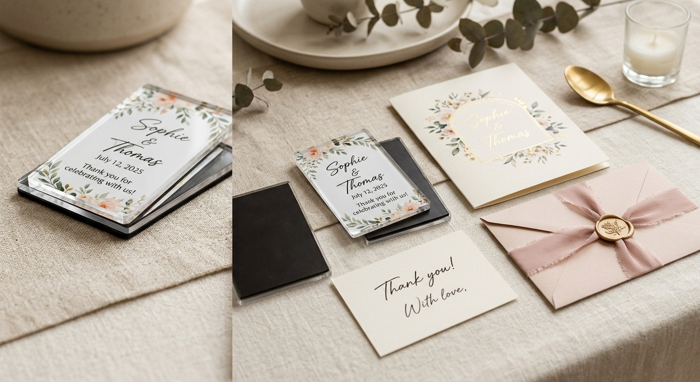 Complete personalized acrylic wedding favour set—backing card, acrylic magnet, black magnetic backing, and envelope packaging