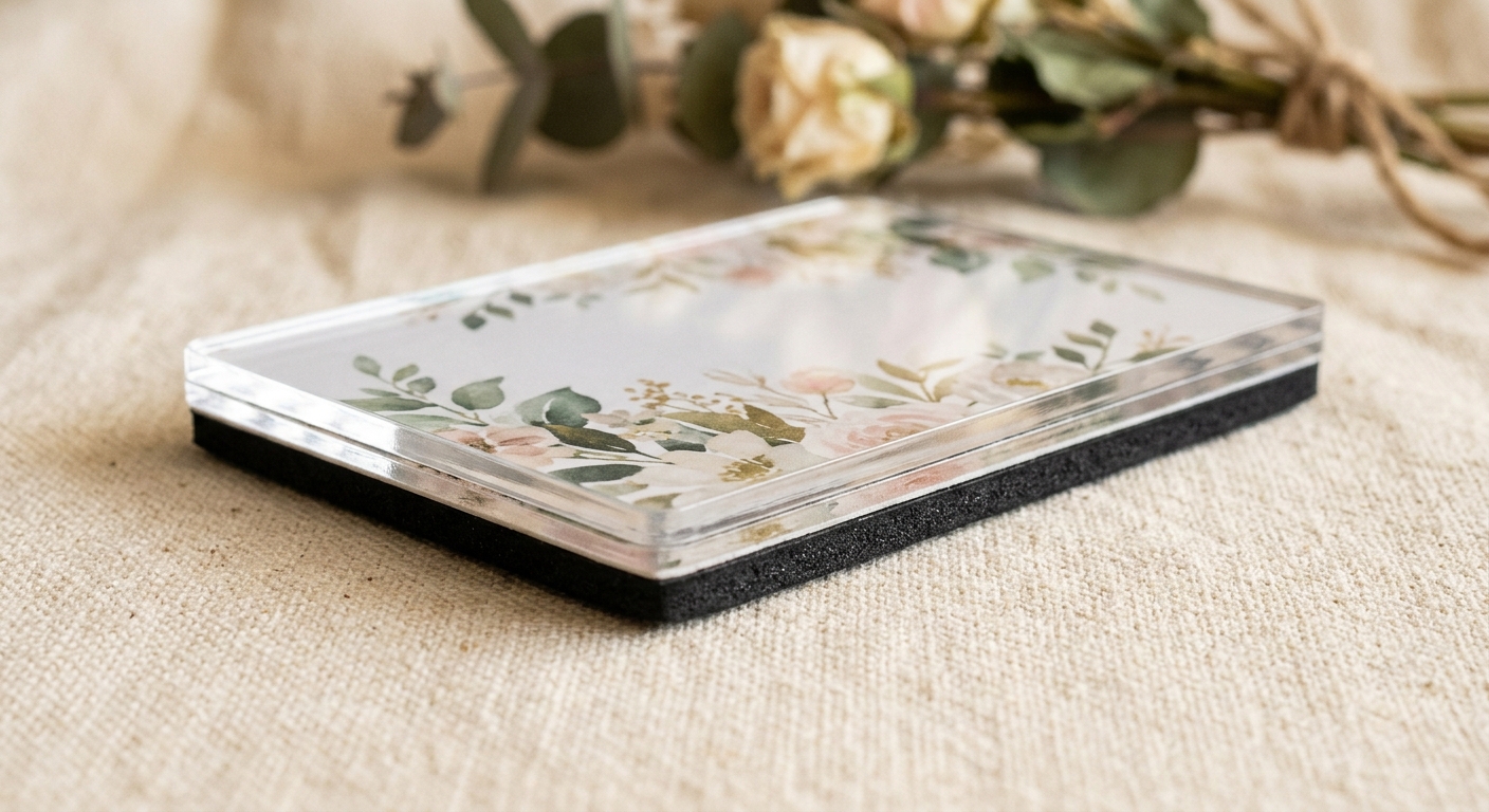 Close-up of acrylic fridge magnet edge and black magnetic backing on soft linen—premium material detail