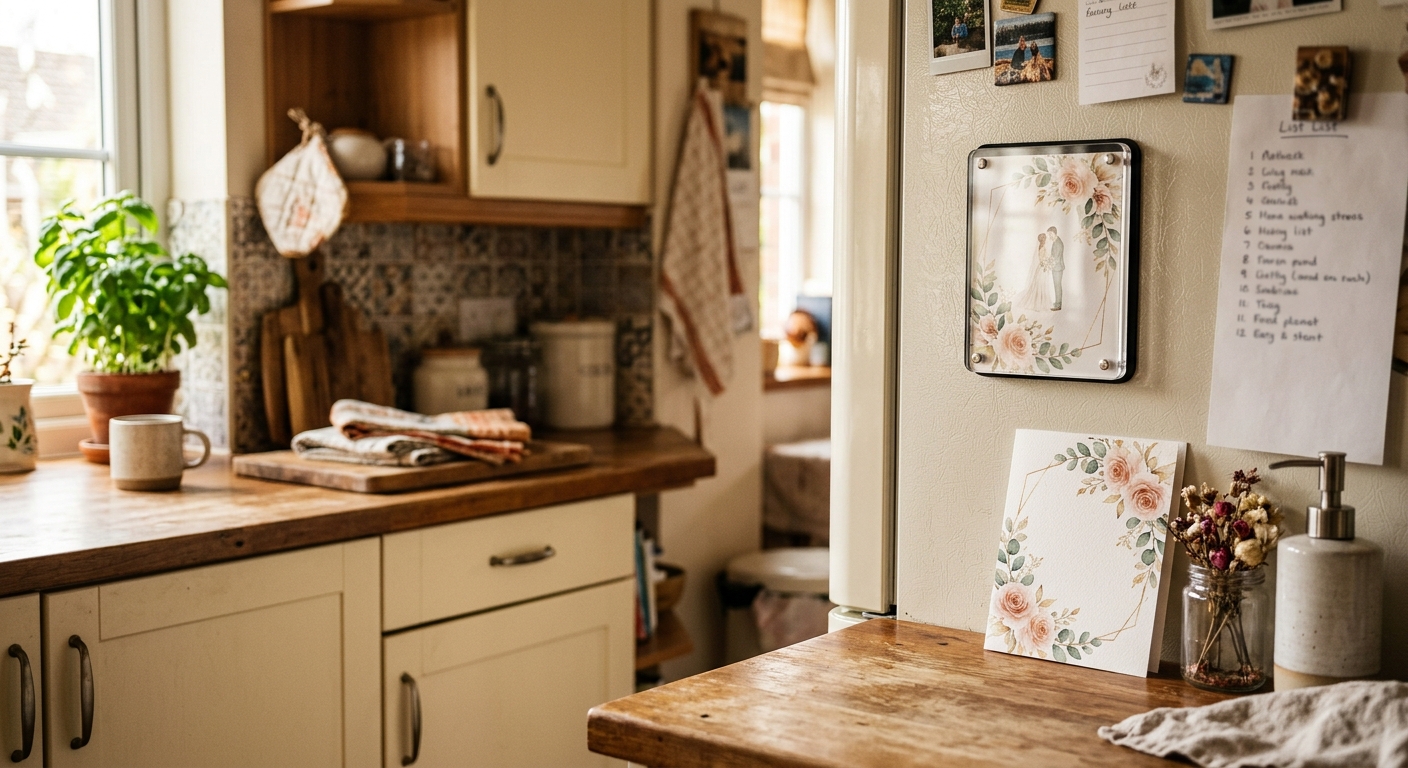 Welcome home acrylic fridge magnet displayed on kitchen refrigerator with matching backing card