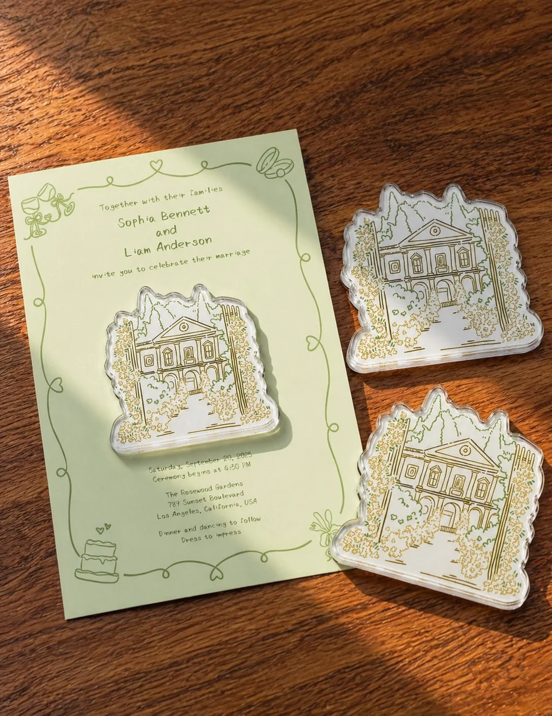 Personalized acrylic fridge magnet with elegant venue illustration—custom wedding favour keepsake