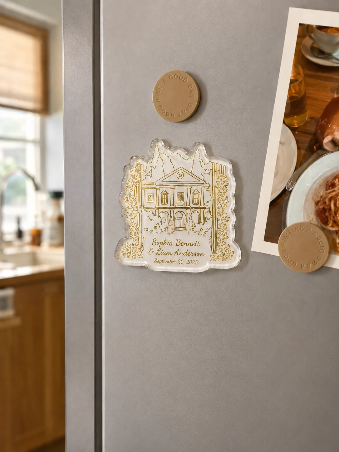 Wedding venue acrylic fridge magnet with decorative backing card—custom wedding favour gift