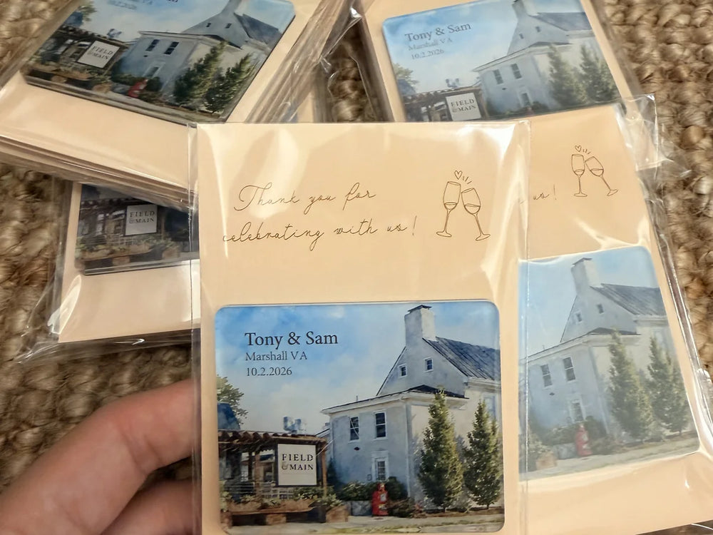Personalized wedding venue magnets arranged with matching favor cards