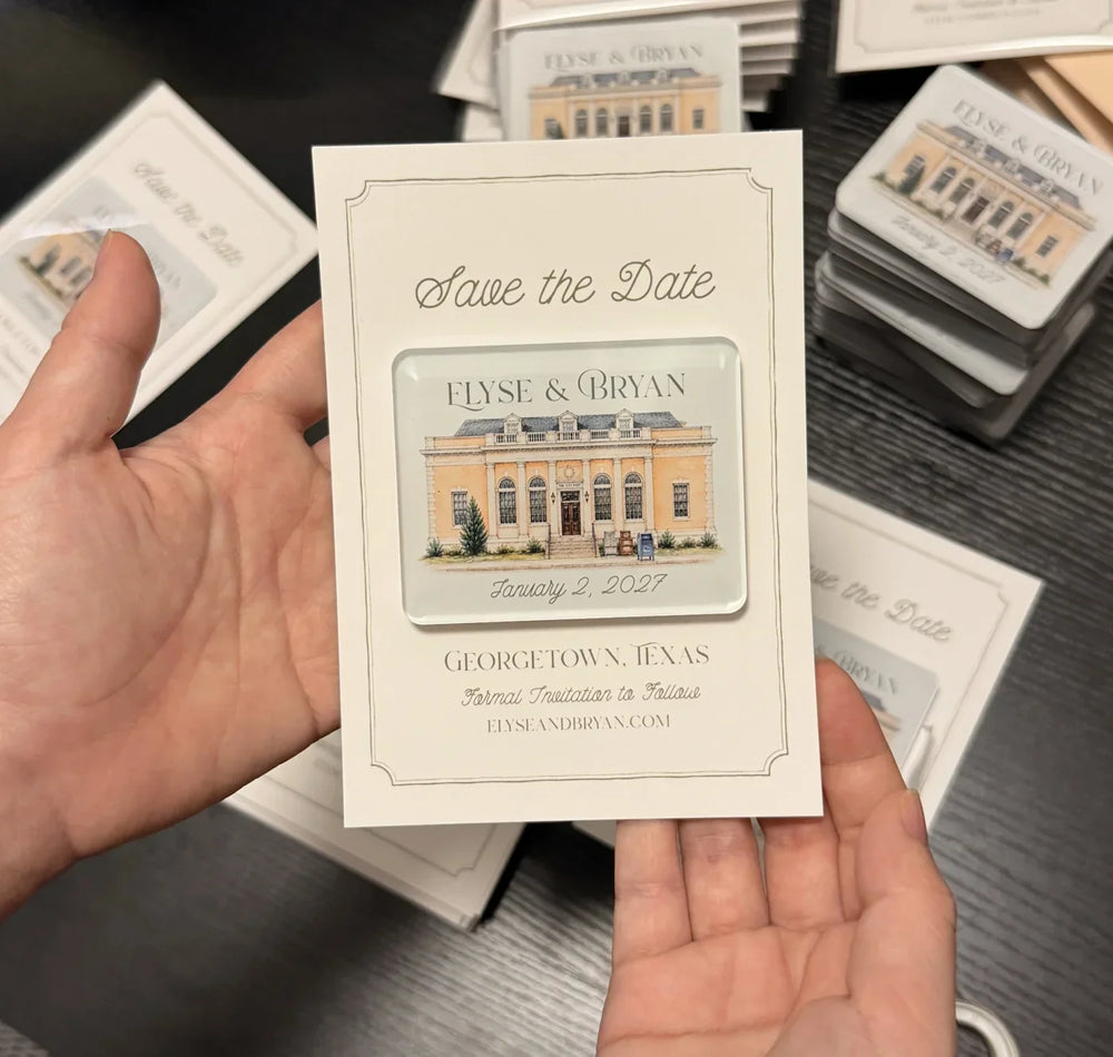 Georgetown venue illustration on an acrylic save-the-date magnet with a personalized announcement card