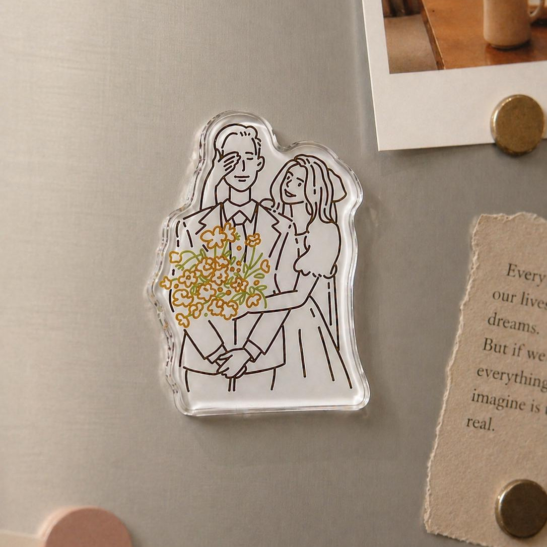 Personalized Acrylic Wedding Magnet, Hand-drawn Favor, Bridal Shower Keepsake, Save The Date