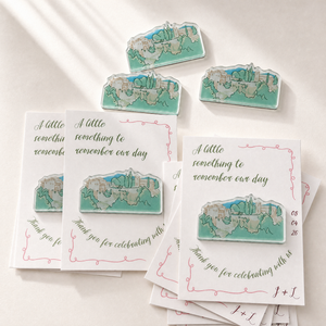 Hand-drawn wedding venue acrylic magnet with custom shape and personalized favor card