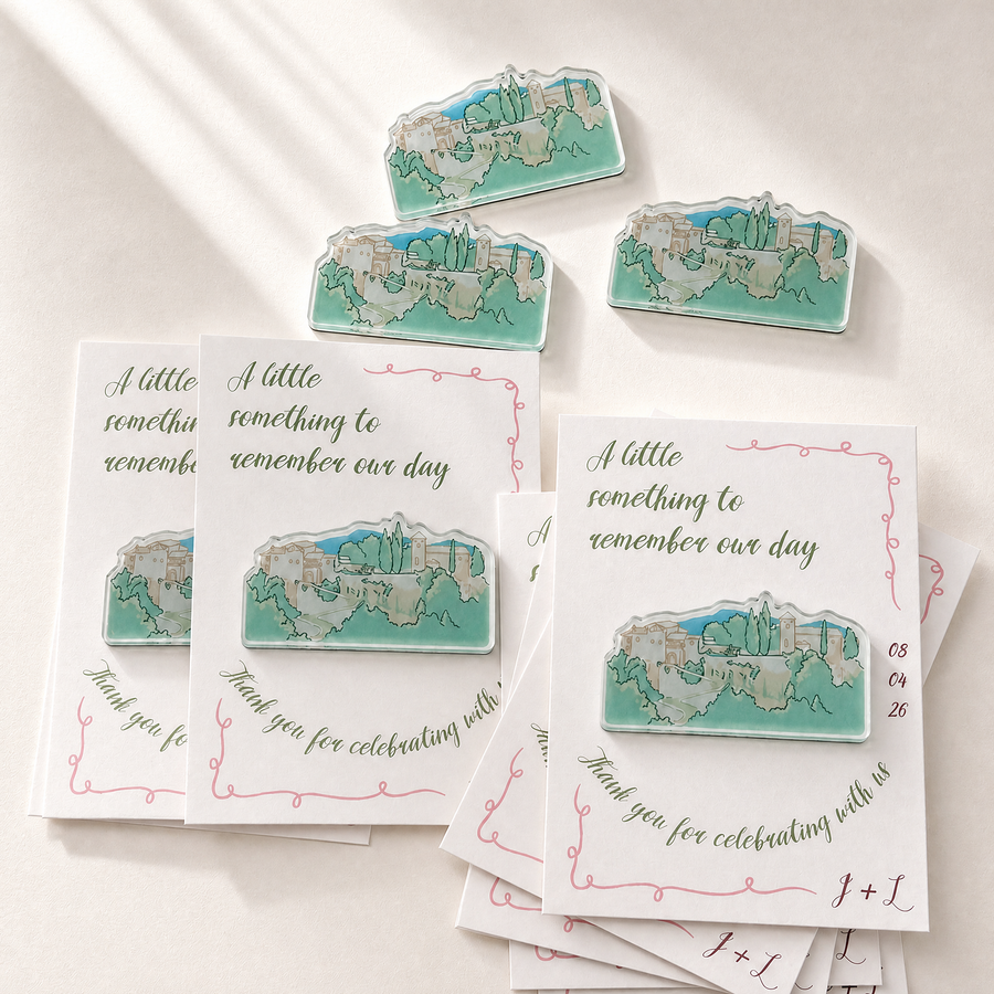 Hand-drawn wedding venue acrylic magnet with custom shape and personalized favor card