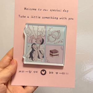 Four-panel couple comic wedding favor magnet with personalized save-the-date artwork