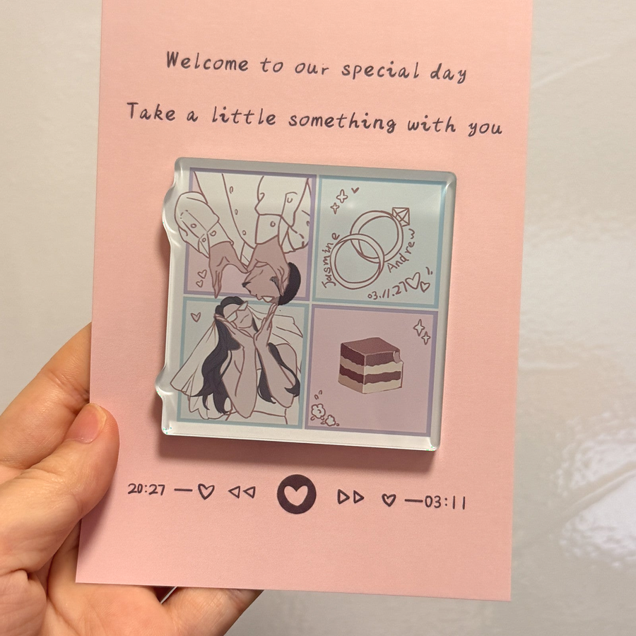 Four-panel couple comic wedding favor magnet with personalized save-the-date artwork