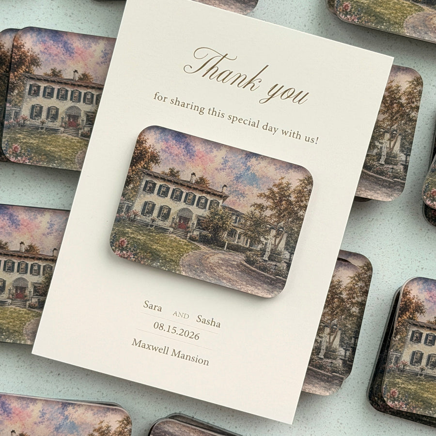 Personalized vintage venue wedding magnets with matching thank-you card shown in a real production batch