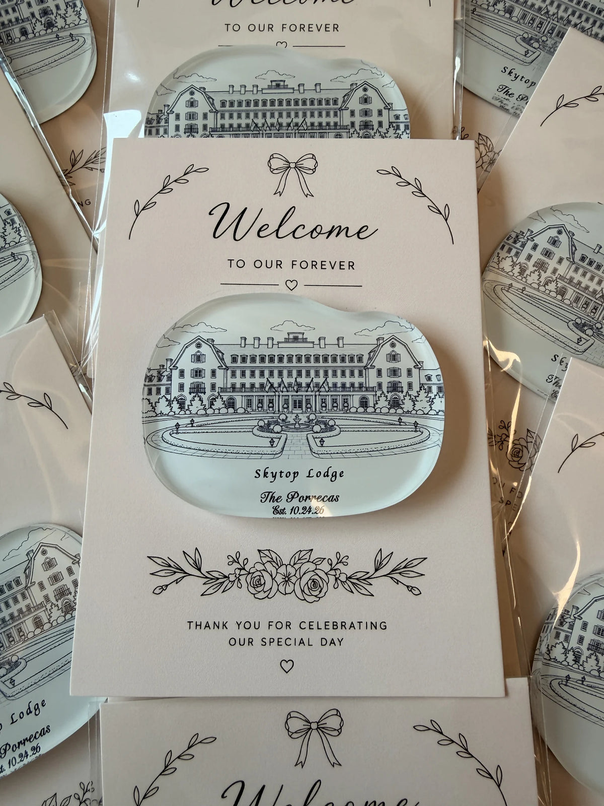 Personalized Skytop Lodge wedding venue magnet on a blush favor card