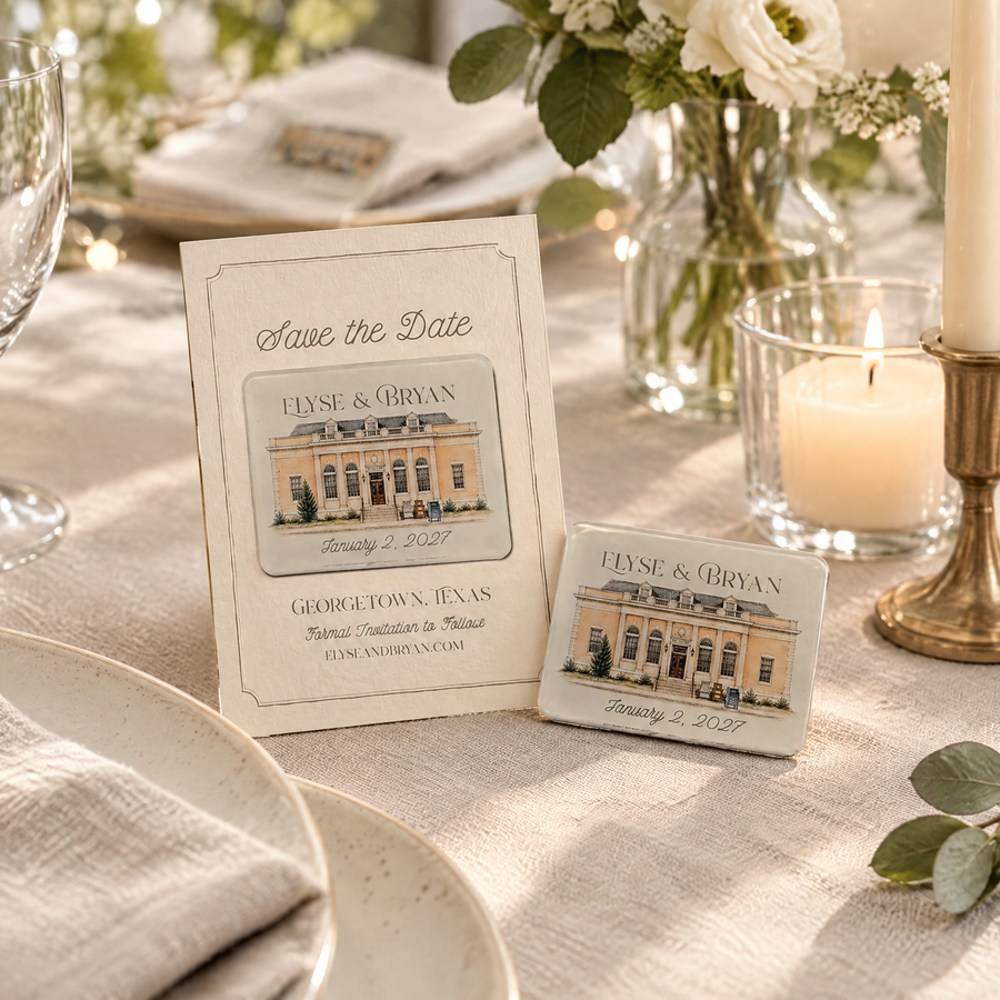 Custom Save the Date acrylic magnet and matching announcement card at a wedding place setting