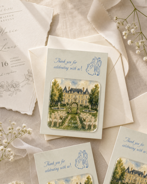 Personalized wedding venue acrylic magnet mounted on an ivory thank-you backing card