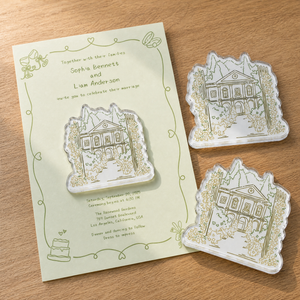 Three custom venue-shaped acrylic magnets with olive line art and a pale green invitation card