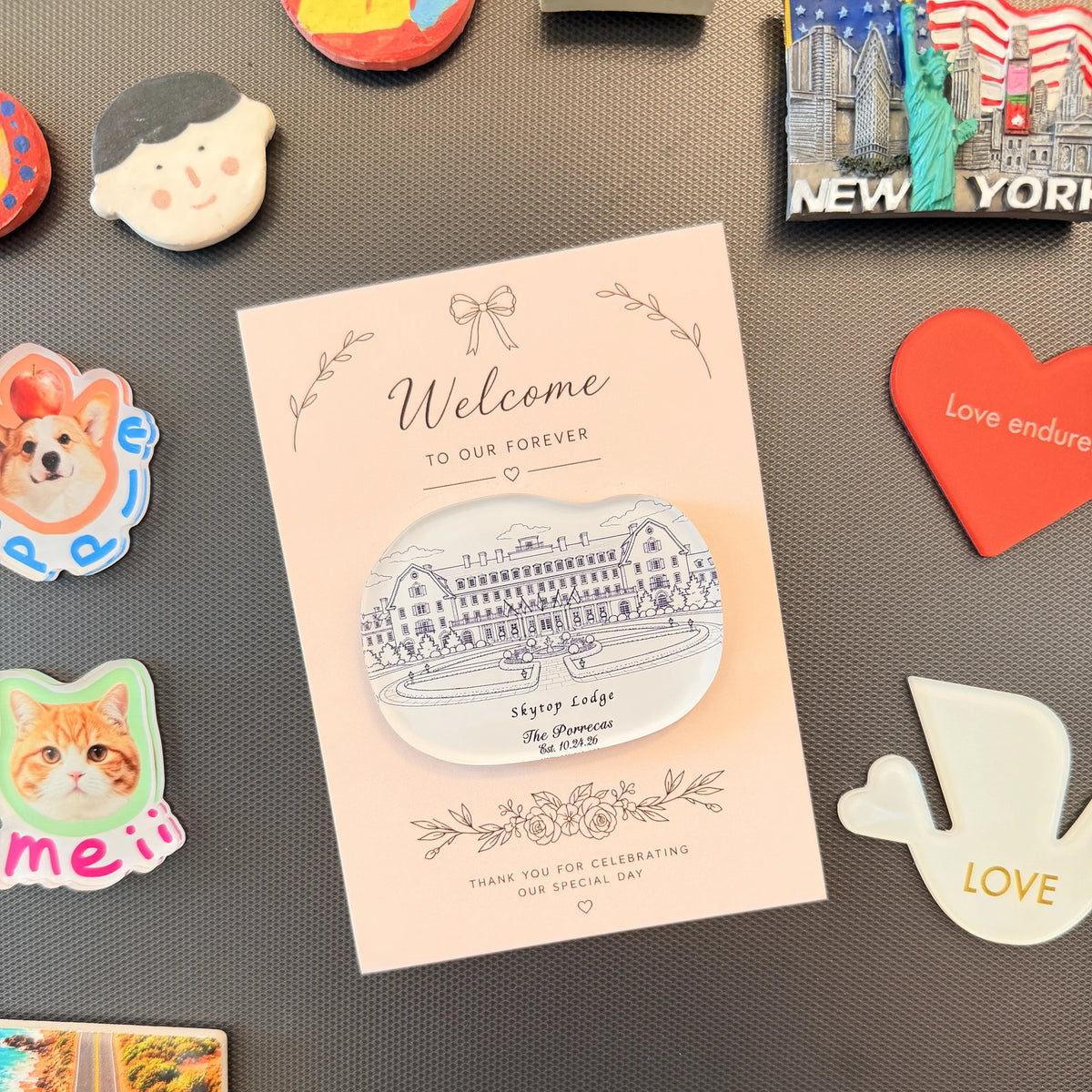 Skytop Lodge wedding favor magnet displayed on a refrigerator