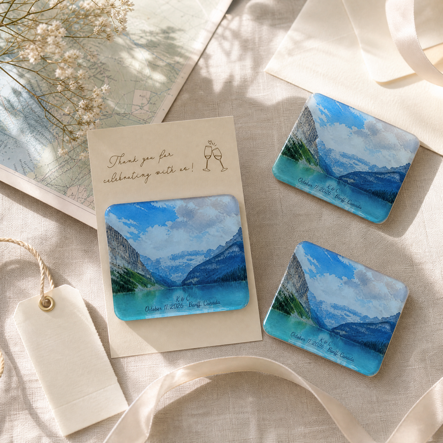 Personalized mountain lake wedding magnet and matching thank-you card in a destination wedding setting