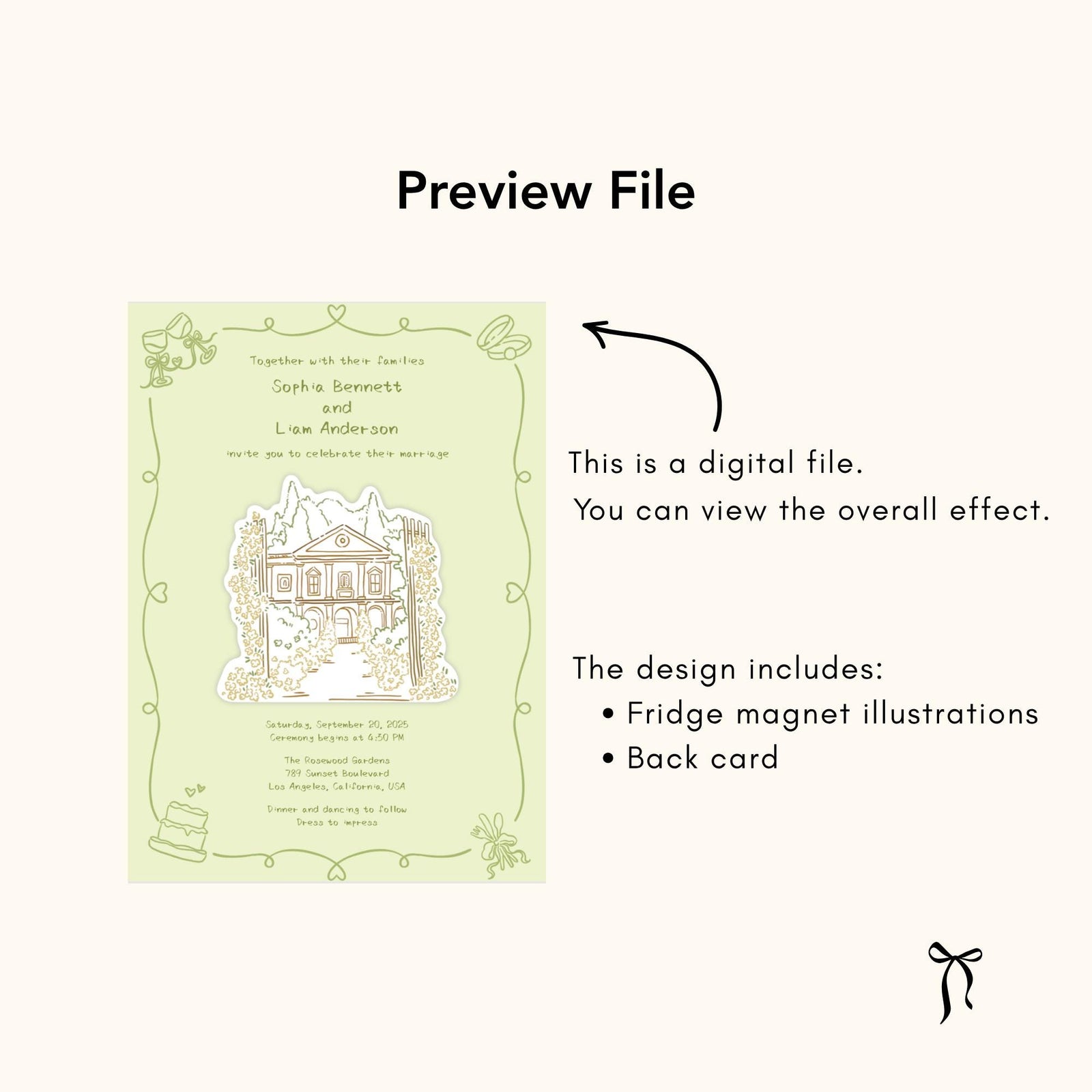 Preview file graphic showing a pale green wedding backing card with venue magnet mockup