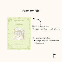 Preview file graphic showing a pale green wedding backing card with venue magnet mockup