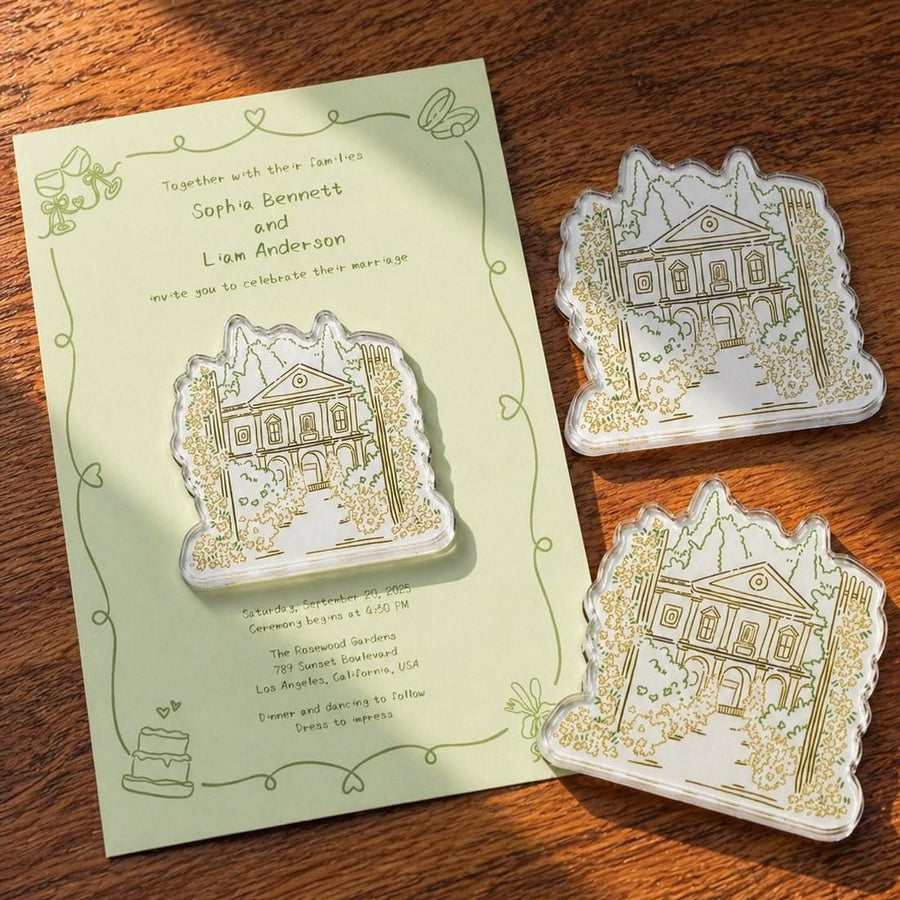 Three custom venue-shaped acrylic magnets with olive line art and a pale green invitation card