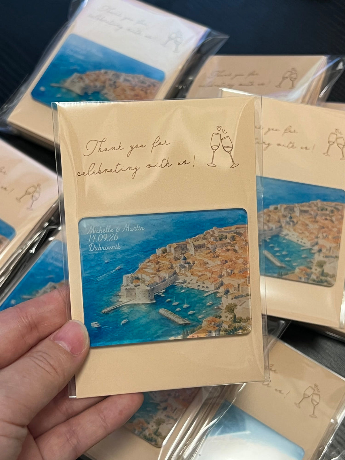 Dubrovnik coast watercolor custom acrylic wedding magnet with backing card