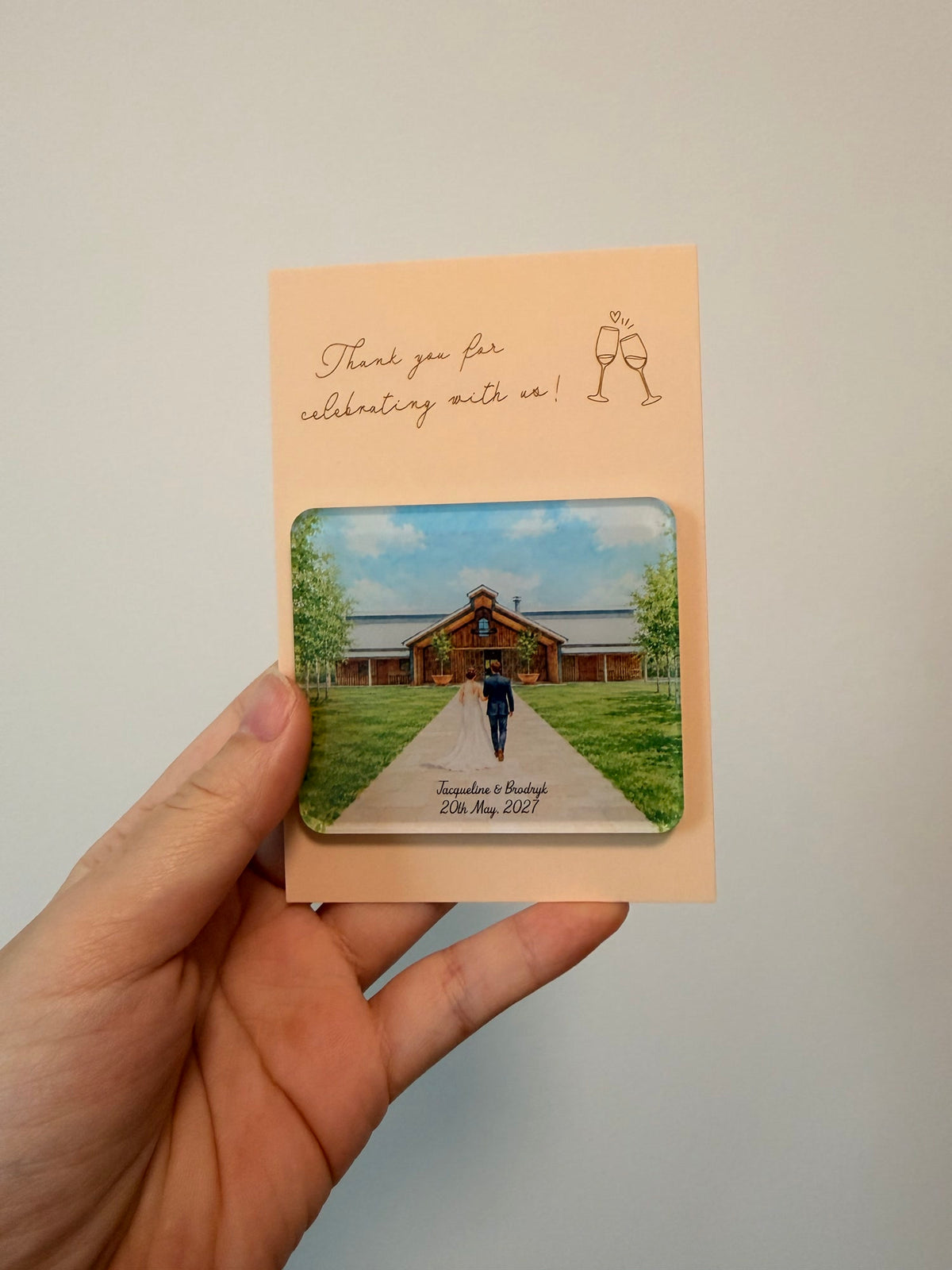 Barn wedding venue custom illustrated acrylic magnet and backing card