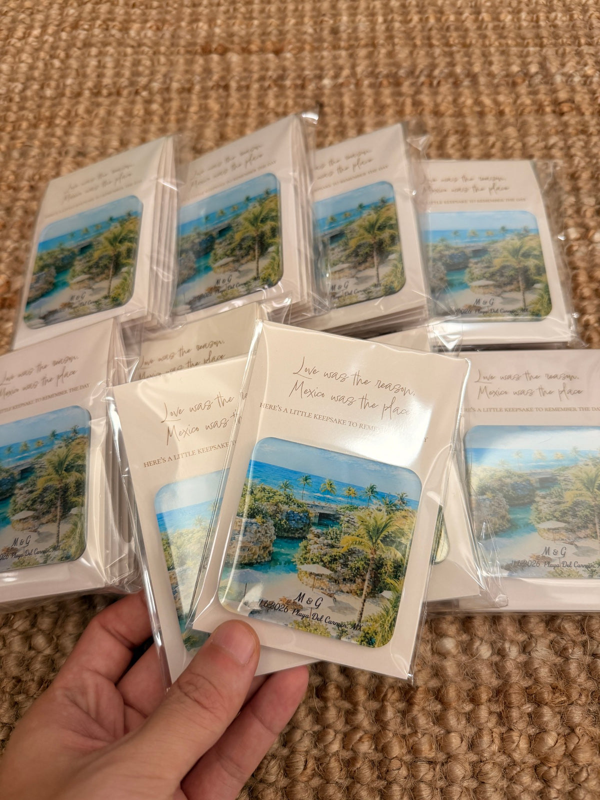 Playa Del Carmen venue 3mm acrylic wedding magnet packaged with a keepsake backing card