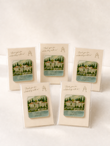 Five affordable 3mm custom acrylic wedding magnets with matching ivory backing cards