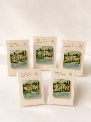 Five affordable 3mm custom acrylic wedding magnets with matching ivory backing cards