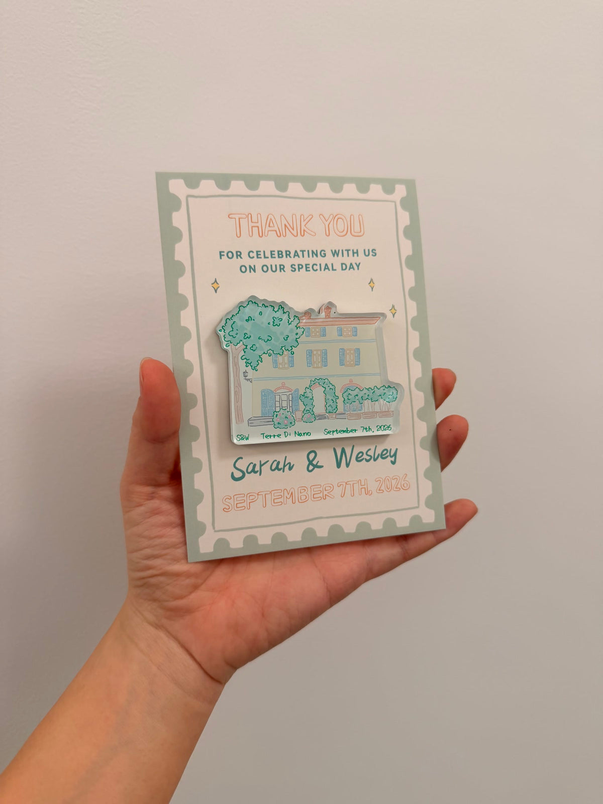 Terre di Nano hand-drawn custom shape acrylic wedding venue magnet
