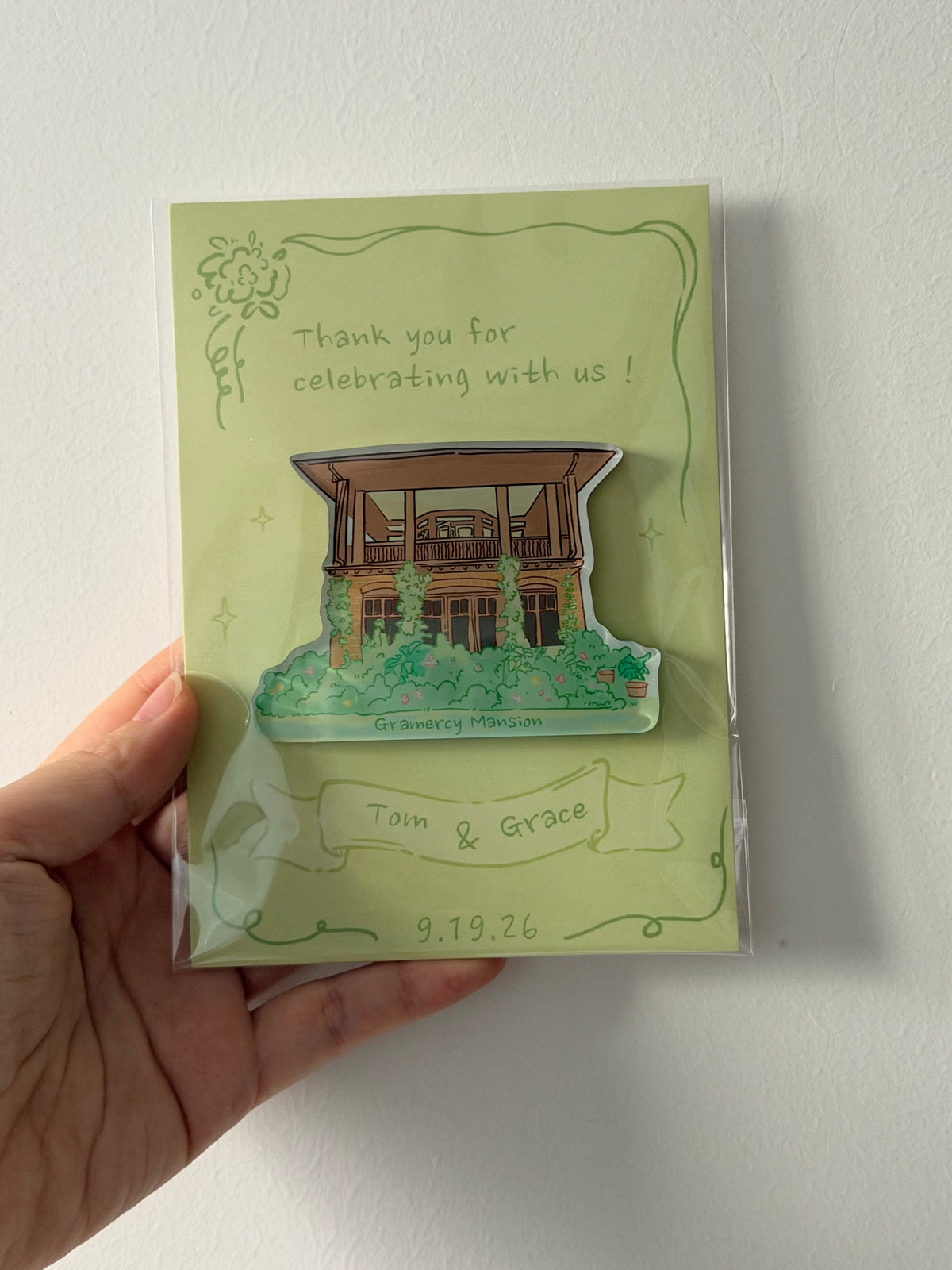 Gramercy Mansion illustrated custom shape acrylic wedding venue magnet