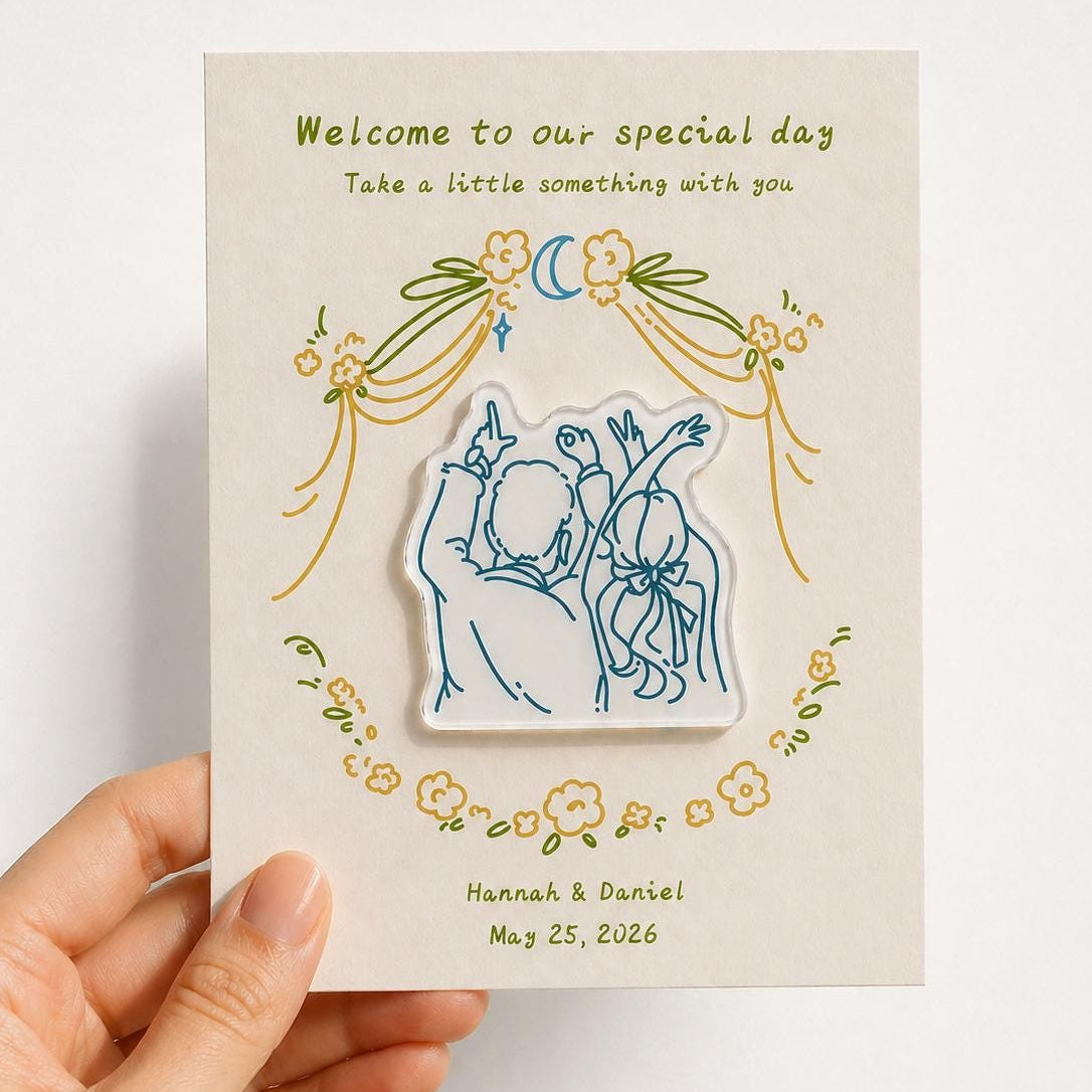 Personalized Acrylic Wedding Magnet, Hand-drawn Favor, Bridal Shower Keepsake, Save The Date
