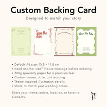 Custom backing card guide with four wedding card layouts and A6 paper details