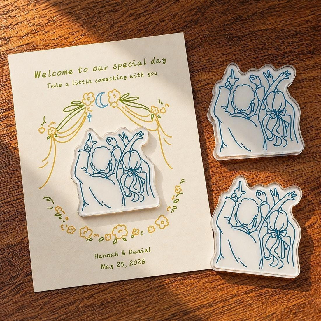 Personalized Acrylic Wedding Magnet, Hand-drawn Favor, Bridal Shower Keepsake, Save The Date