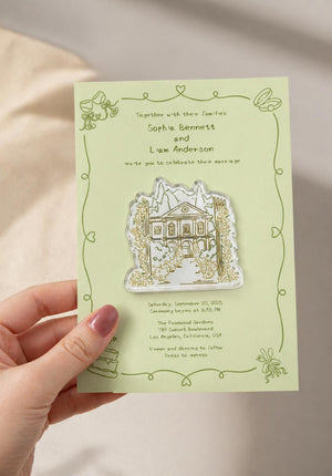 May include: A light green wedding invitation with a gold-colored illustration of a building. The invitation includes the names Sophia Bennett and Liam Anderson, and the date September 20, 2025.