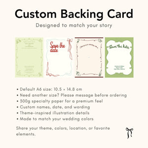 May include: Four rectangular custom backing cards with decorative borders and text including Save the date. The cards feature various illustrations and color schemes. Text on the image specifies a default A6 size of 10.5 x 14.8 cm and 300g specialty paper. The header reads Custom Backing Card Designed to match your story.