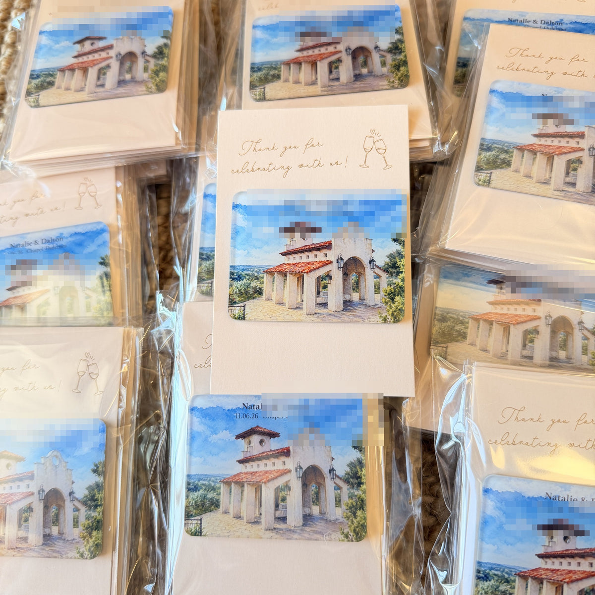 Chapel Dulcinea watercolor acrylic wedding favor magnet batch with customer names redacted