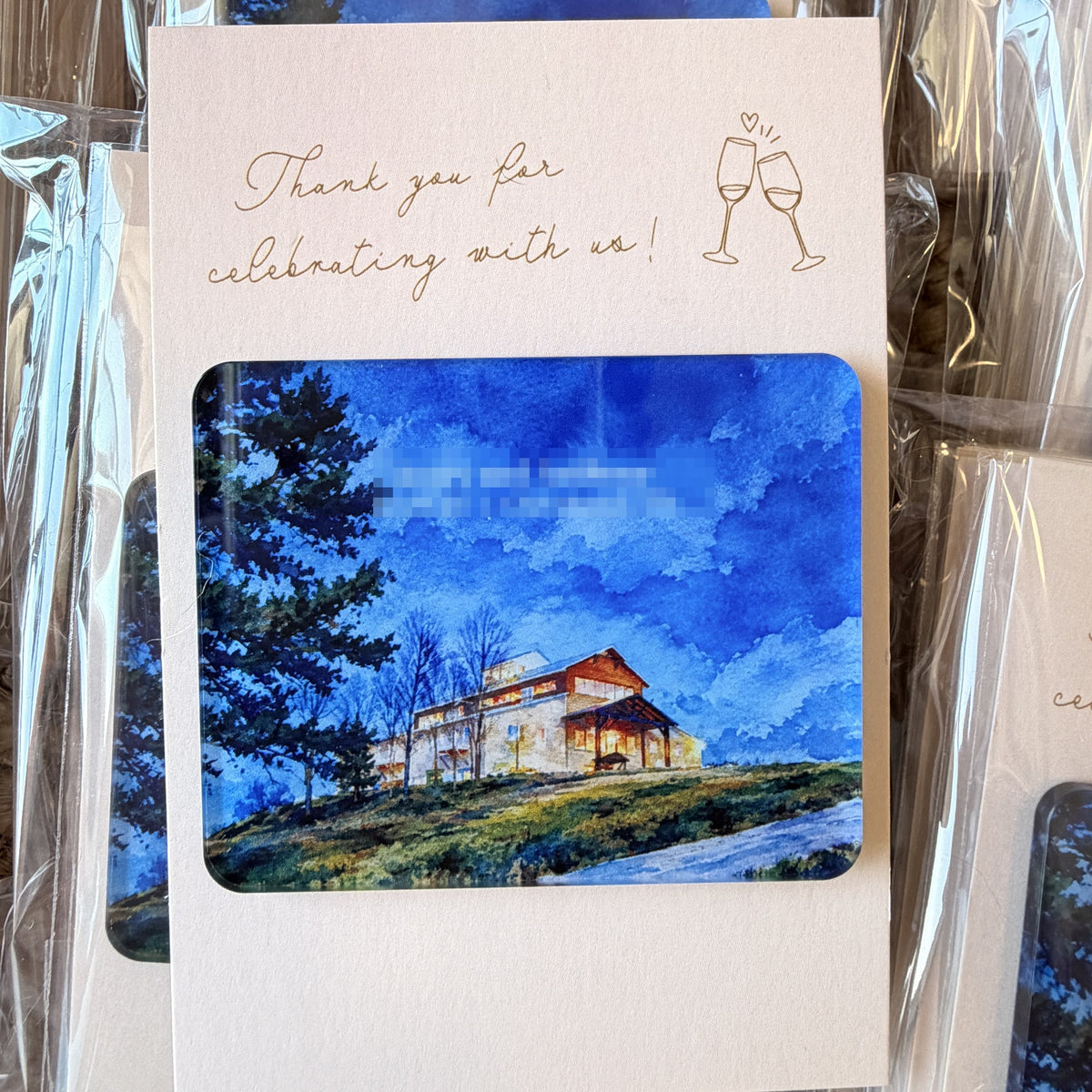 Packaged Cleveland hillside venue watercolor wedding magnet with customer name redacted