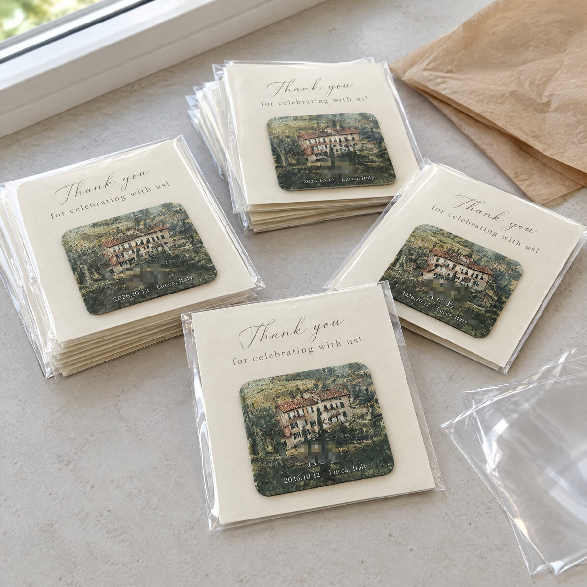 Italian hillside villa acrylic wedding magnet favor sets with customer initials redacted