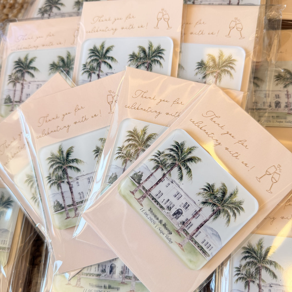 Napa Valley palm estate wedding magnet favor sets with customer names redacted