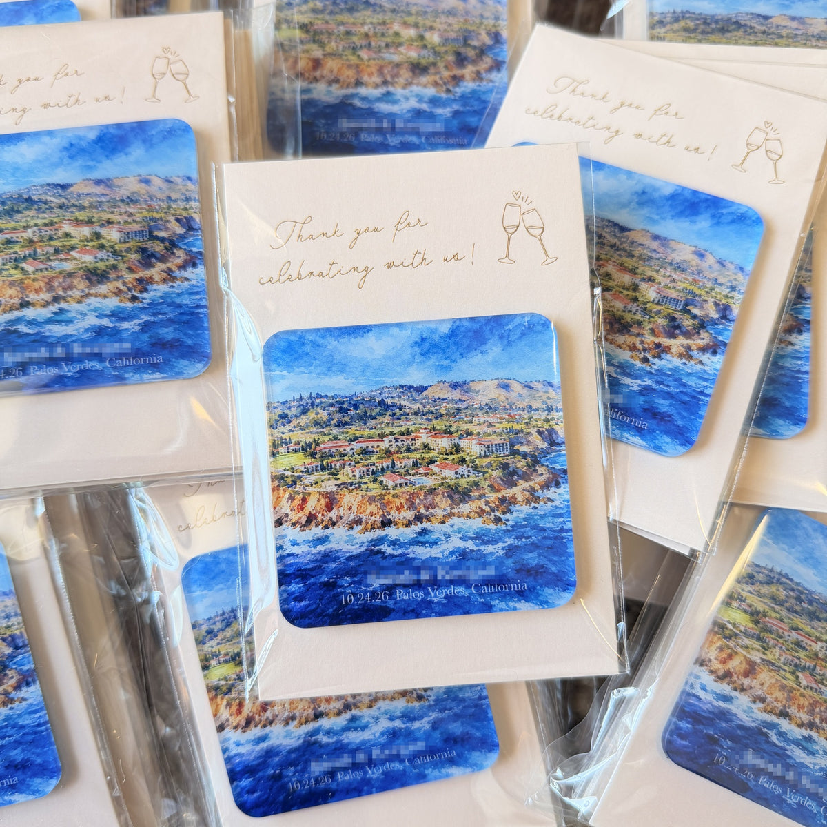 Palos Verdes coastal watercolor wedding magnet favor batch with customer names redacted
