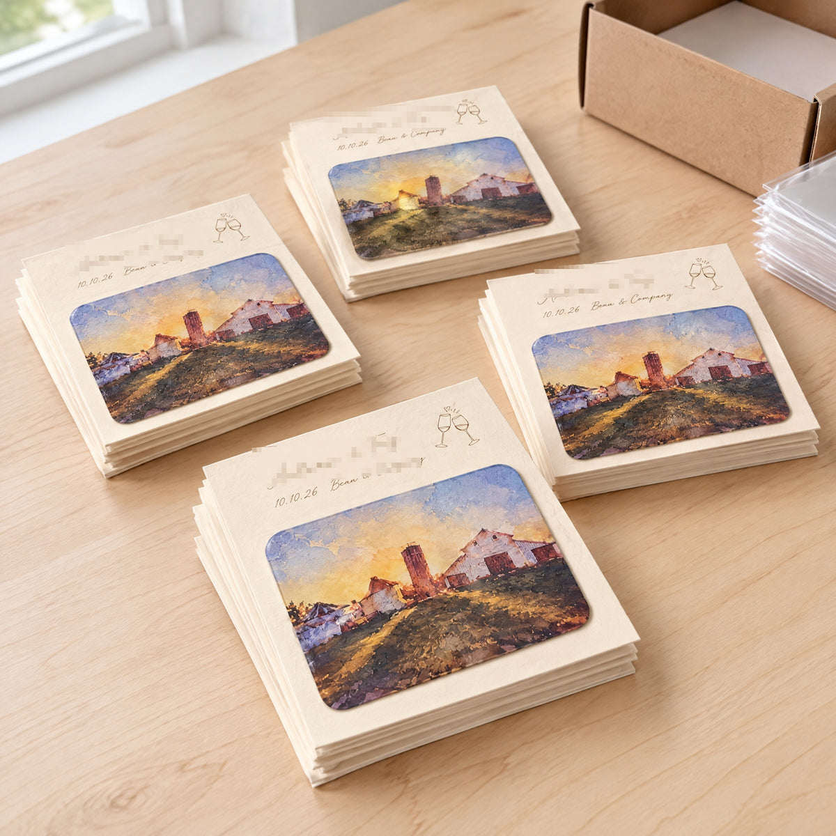 Sunset barn watercolor wedding magnet favor sets with customer names redacted