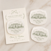 Green venue sketch acrylic magnets with Forever Starts Here wedding backing card