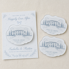 Blue Villa di Amore wedding venue magnets with matching backing card design