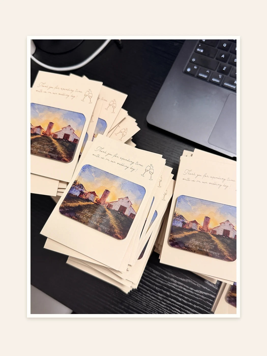 Sunset barn venue magnet with matching card