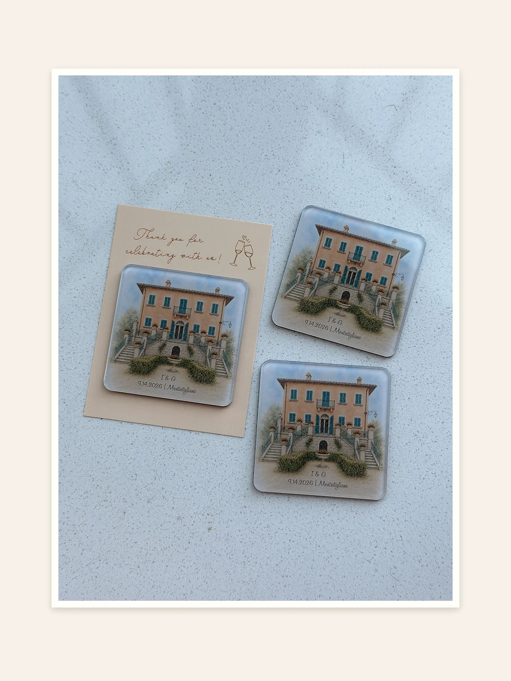 Orange Tuscan villa favor cards ready for wedding guests