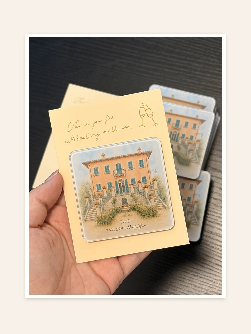Orange Tuscan villa acrylic magnet held in hand